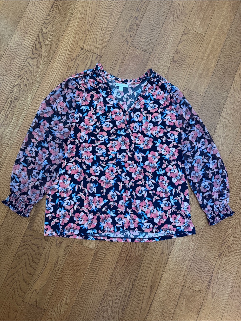 Charter Club Navy Floral V-Neck Blouse with Pink Blooms